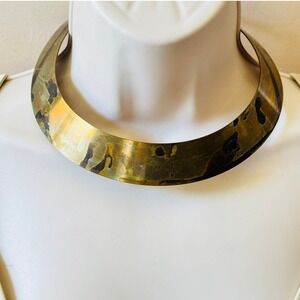 Choker Distressed Metal Necklace VTG Statement Collar Brass Modernist MCM Chunky